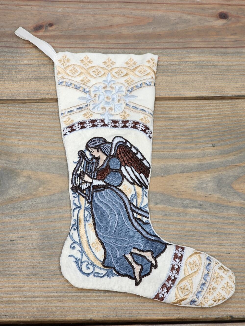 Handmade Embroidered Stocking Angel With Wings Religious Christmas Style 8"
